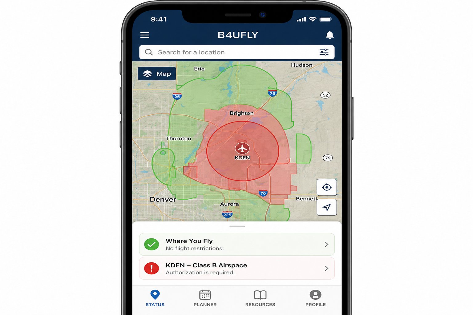 B4UFLY app showing Class B airspace restriction around KDEN — red zones require LAANC authorization