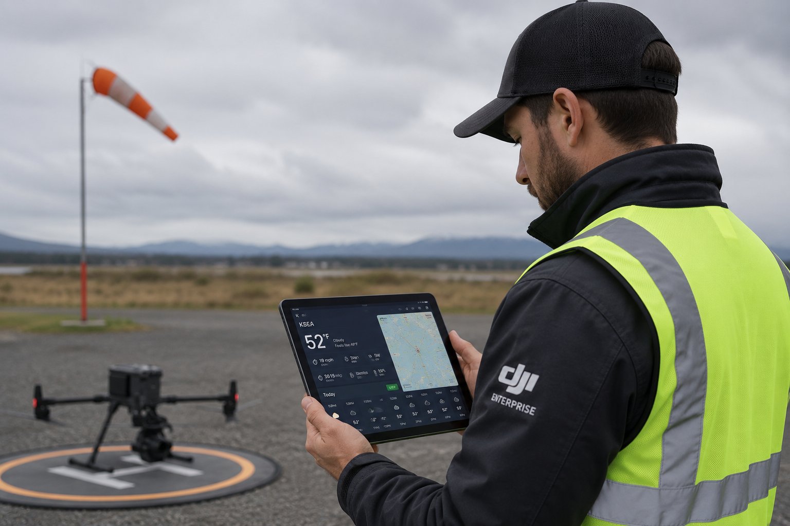 Professional drone operator checking weather data on tablet before flight — wind sock visible in background