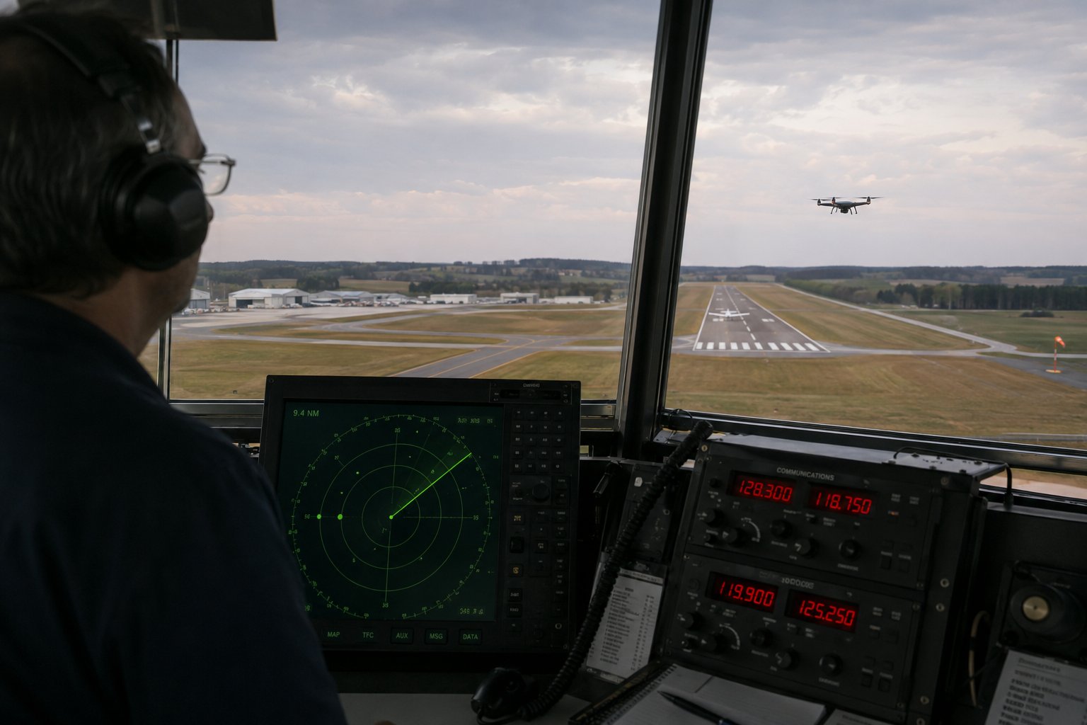 ATC controller view from the tower cab with radar display — a drone visible near the runway threshold