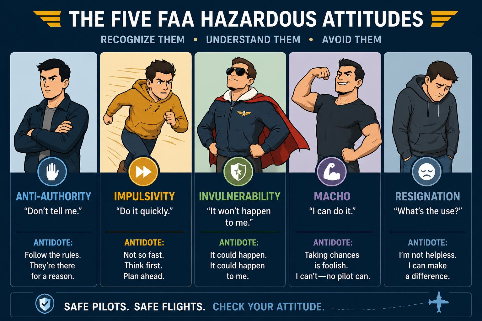 The five FAA hazardous attitudes — recognize and apply the antidote before they lead to an accident