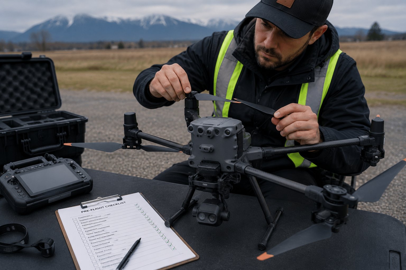 Professional drone operator conducting pre-flight inspection — every flight starts with a checklist