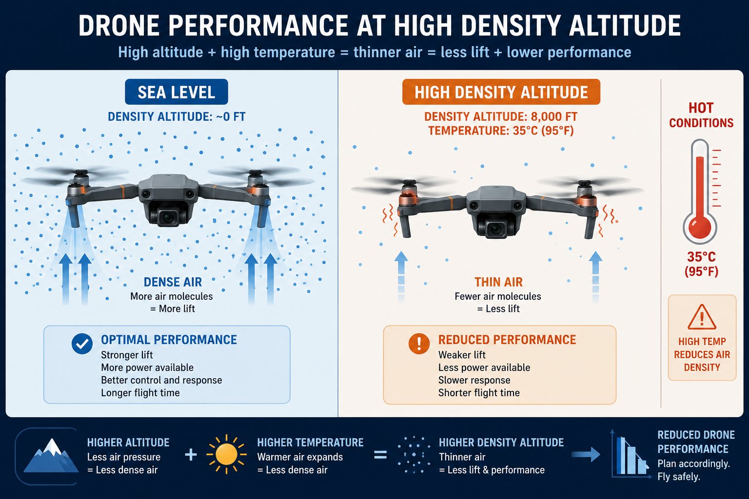 Sea level vs high density altitude — thinner air means less lift, less power, and shorter flight time
