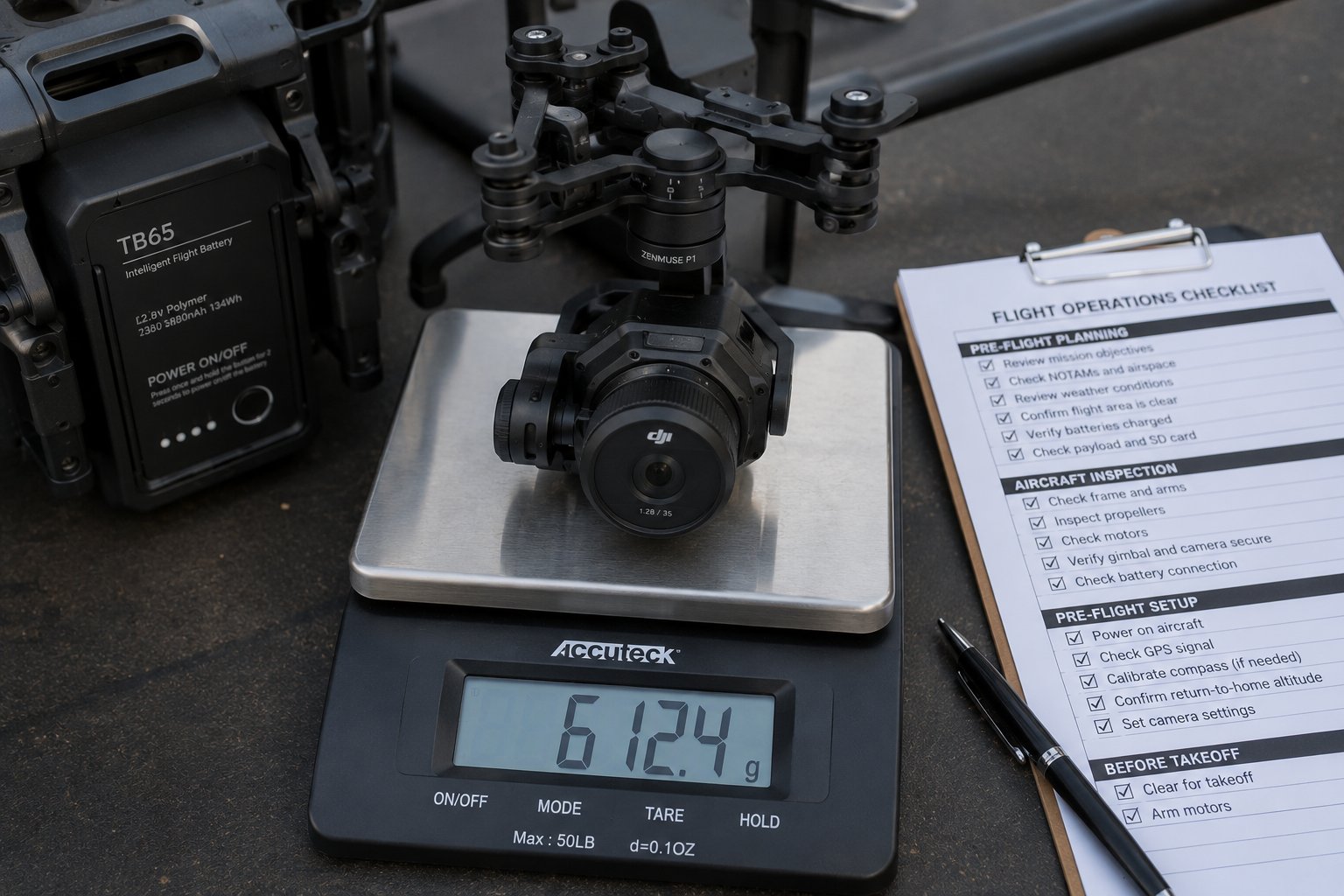 Weighing a drone payload camera and gimbal assembly — total weight must stay within MTOW