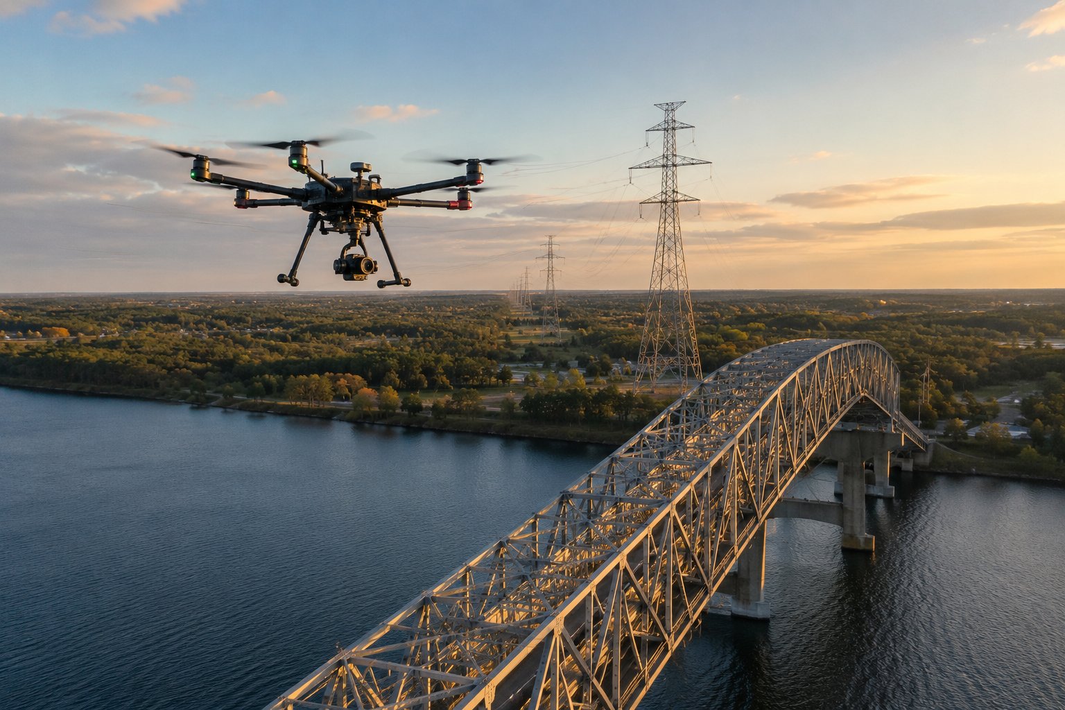 Professional hexacopter conducting bridge and power line inspection at golden hour