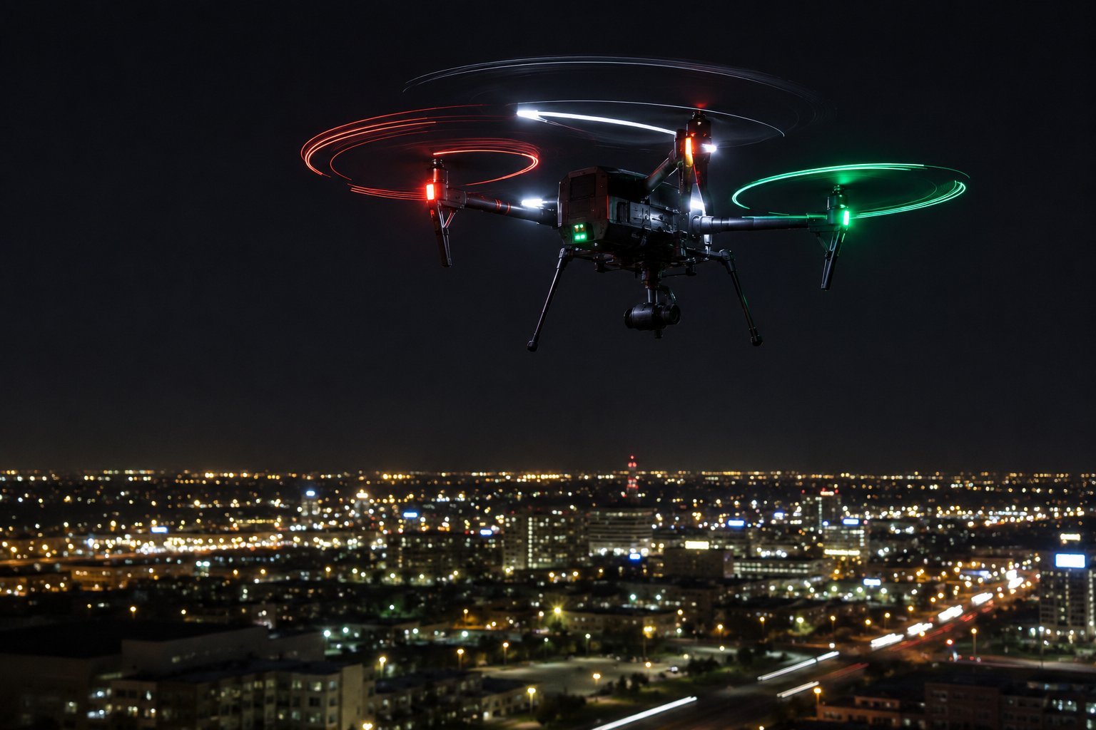Commercial drone flying at night with anti-collision lighting — red port, green starboard, white strobe visible