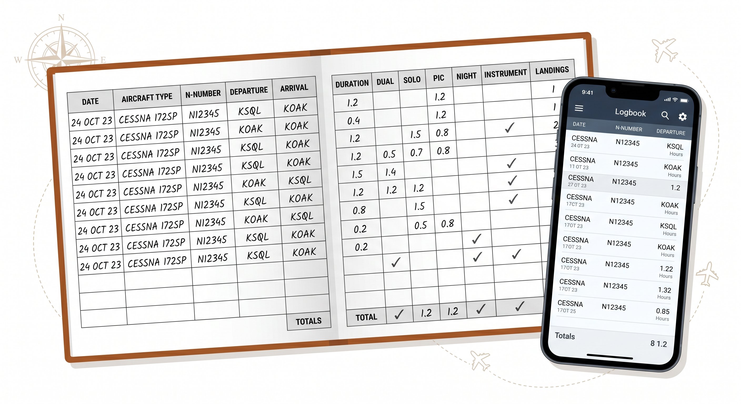 Pilot logbook with flight entries
