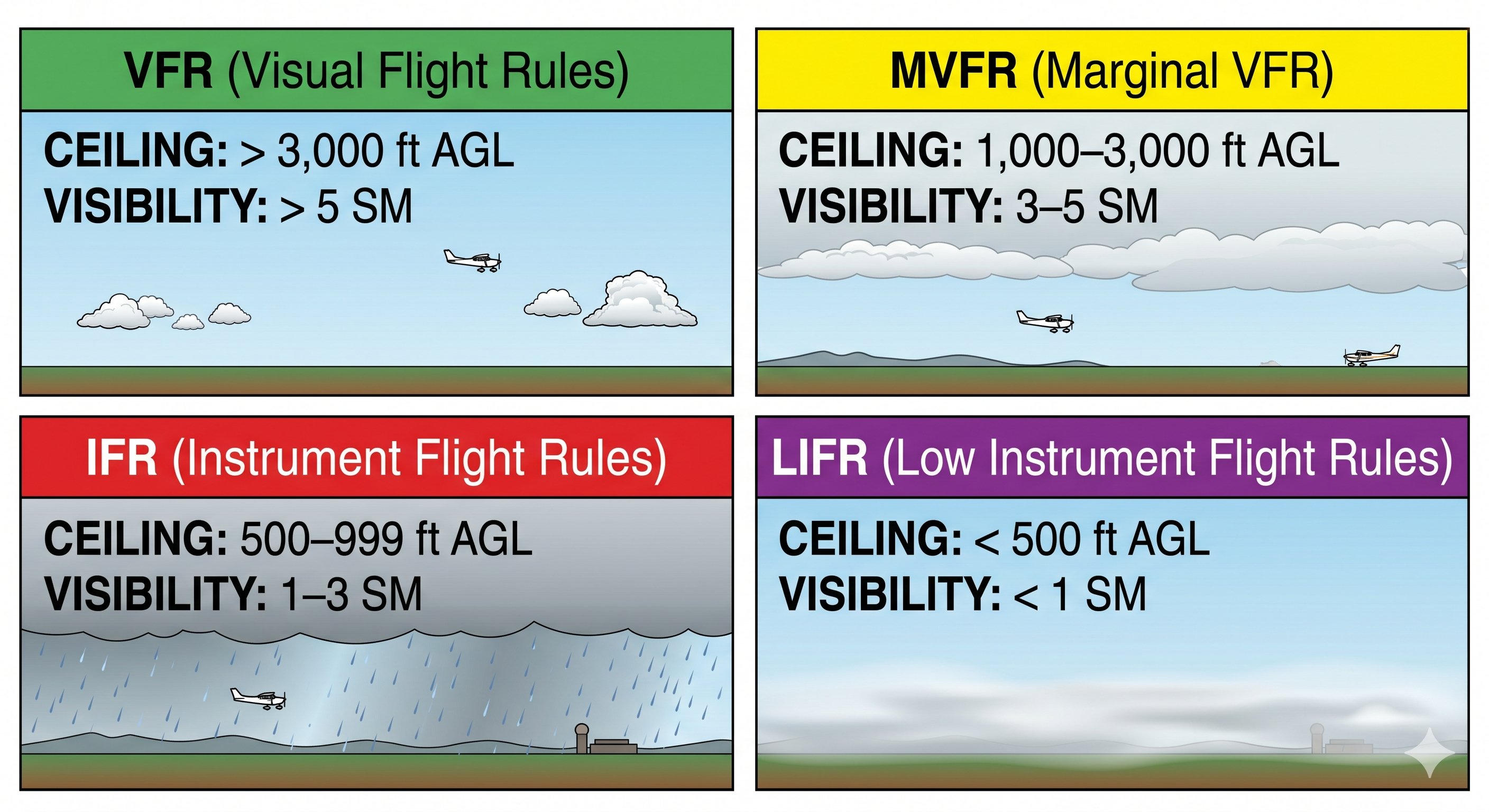 VFR MVFR IFR LIFR flight categories ceiling visibility values