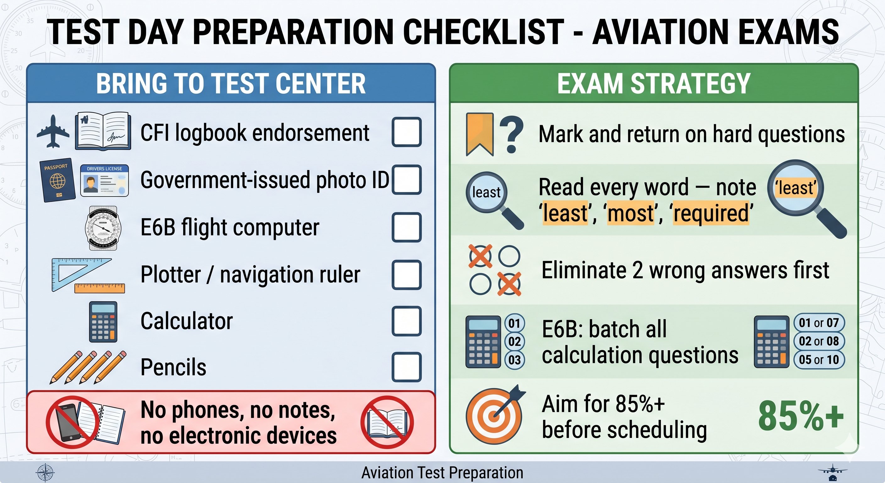 Test day preparation checklist showing required items, logistics steps, and mental preparation tips for the FAA knowledge test