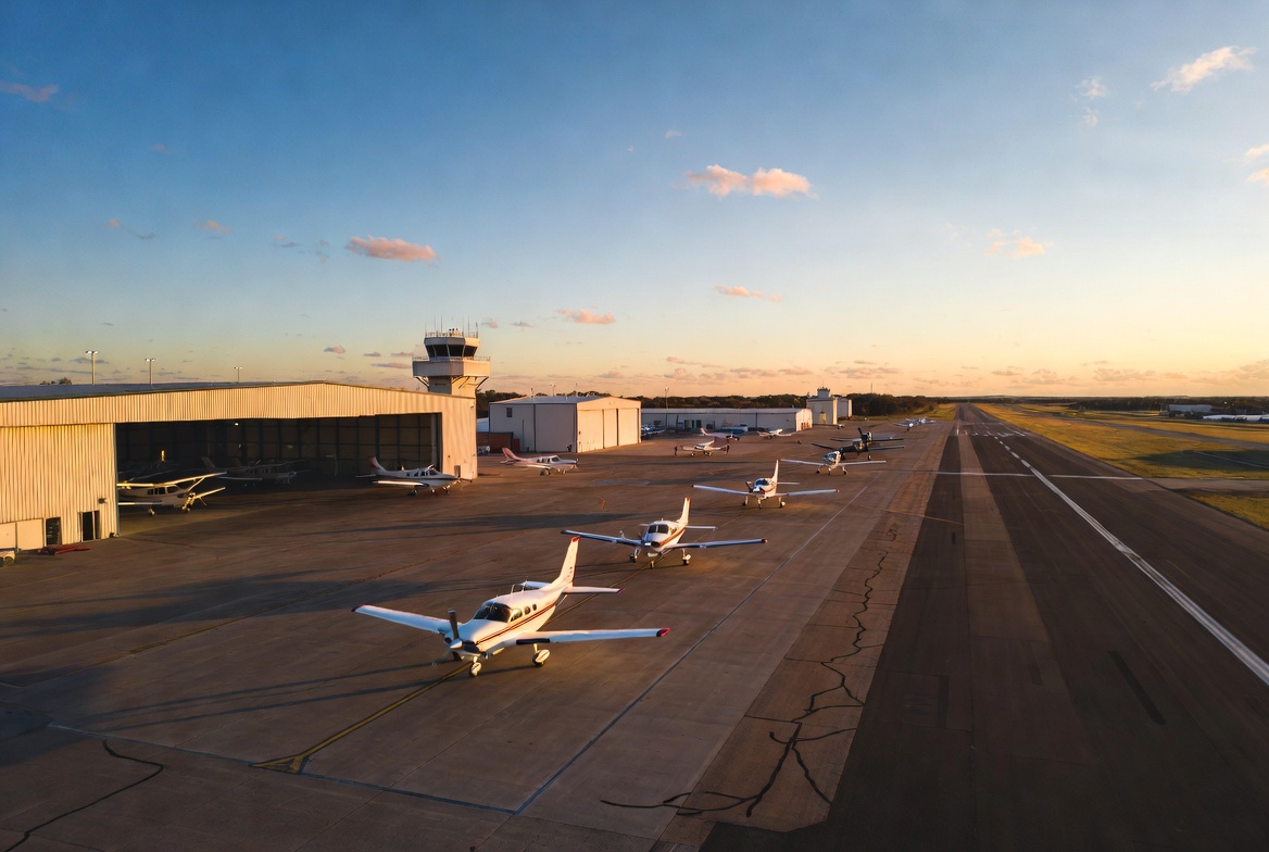Flight school aircraft lined up on the ramp