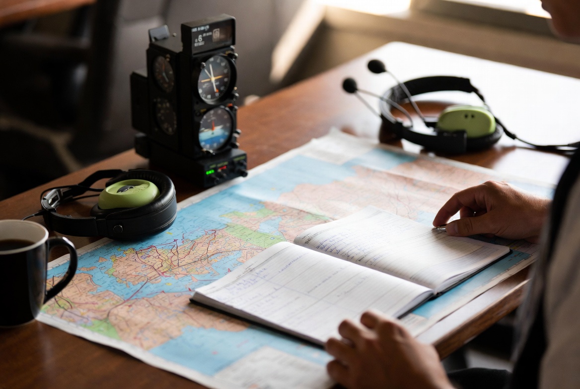 Pilot reviewing preflight charts and checklists